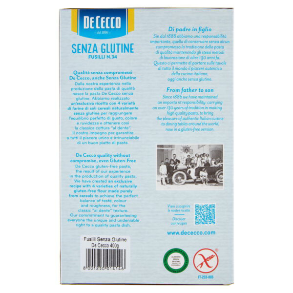 De Cecco Senza Glutine Fusilli n.34 400g - immagine 2