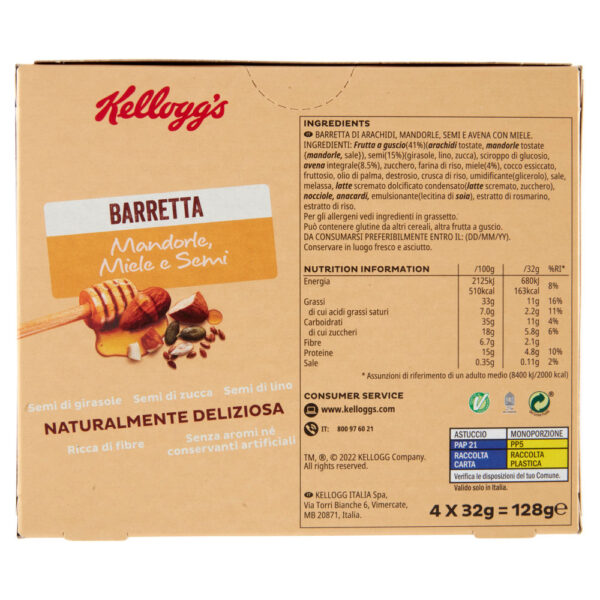 Kellogg's Barretta Mandorle, Miele e Semi 4 x 32 g - immagine 2