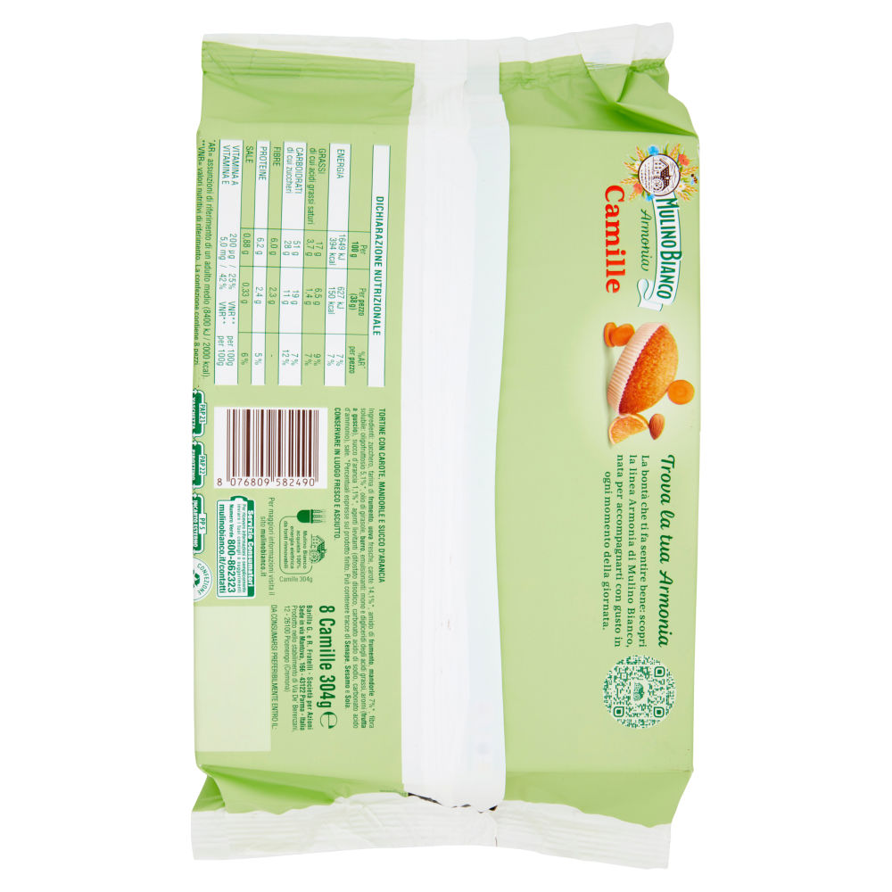 Mulino Bianco Armonia Camille Merenda Ricca di Fibre Carote Mandorle Succo d'Arancia 8 tortine 304g - immagine 2