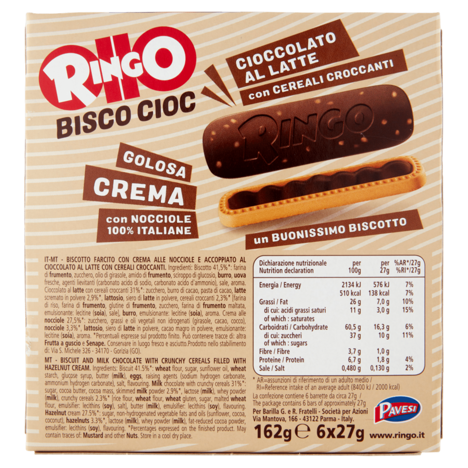 Ringo Snack Bisco Cioc Snack con Nocciole 100% Italiane e Cereali Croccanti 6 porzioni 162g - immagine 2
