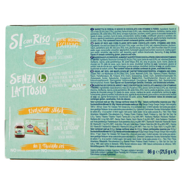 Riso Scotti Si con Riso Senza Lattosio Barretta con riso e gocce di cioccolato 4 x 21,5 g - immagine 2
