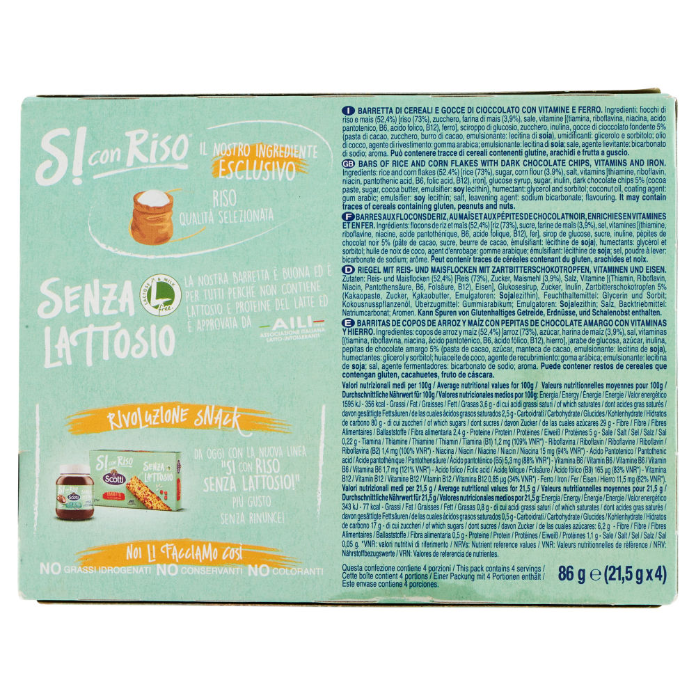Riso Scotti Si con Riso Senza Lattosio Barretta con riso e gocce di cioccolato 4 x 21,5 g - immagine 2
